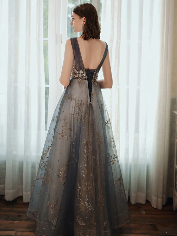 Chic / Belle Océan Bleu Robe De Bal 2020 Princesse Encolure Dégagée Perlage Glitter Paillettes En Dentelle Fleur Faux Diamant Sans Manches Dos Nu Longue Robe De Ceremonie