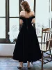 Elegant Black Prom Dresses 2020 A-Line / Princess Spotted Off-The-Shoulder Suede Sleeveless Backless Tea-length Formal Dresses