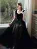 Elegant Black Prom Dresses 2020 A-Line / Princess Square Neckline Rhinestone Bow Sleeveless Backless Floor-Length / Long Formal Dresses