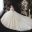Eleganta Champagne Glittriga / Glitter Bröllopsklänningar 2020 Balklänning V-Hals Beading Rhinestone Paljetter Spets Blomma Långärmad Halterneck Royal Train
