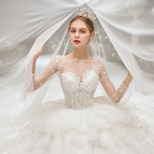 Luxury / Gorgeous Ivory Beading Cascading Ruffles Wedding Dresses 2020 Ball Gown Scoop Neck Appliques Rhinestone Sequins 3/4 Sleeve Backless Royal Train