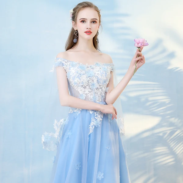 Elegant Sky Blue Evening Dresses 2018 A-Line / Princess Appliques Pearl Rhinestone Off-The-Shoulder With Shawl Backless Short Sleeve Court Train Formal Dresses