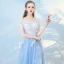 Elegant Sky Blue Evening Dresses  2018 A-Line / Princess Appliques Pearl Rhinestone Off-The-Shoulder With Shawl Backless Short Sleeve Court Train Formal Dresses