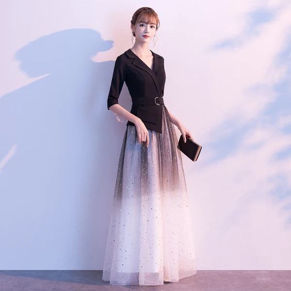 Elegant Black Evening Dresses  2020 A-Line / Princess V-Neck Star Sequins 1/2 Sleeves Backless Floor-Length / Long Formal Dresses