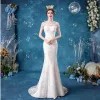 Elegant Ivory Lace Wedding Dresses 2020 Trumpet / Mermaid Scoop Neck Lace Flower Cap Sleeves Backless Sweep Train