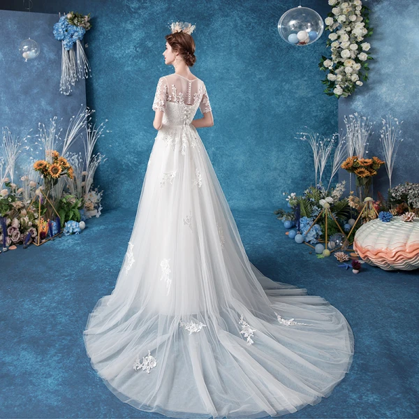 Élégant Ivoire Robe De Mariée 2020 Princesse Encolure Dégagée Faux Diamant En Dentelle Fleur Manches Courtes Tribunal Train