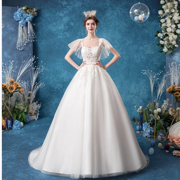 Chic / Belle Ivoire Robe De Mariée 2020 Robe Boule Encolure Carrée Noeud En Dentelle Fleur Manches Courtes Dos Nu Tribunal Train