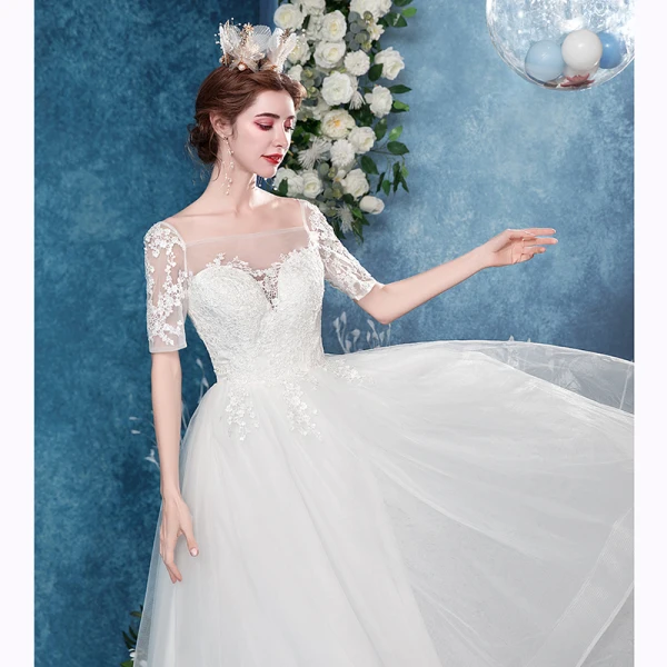 Elegante Ivory / Creme Brautkleider / Hochzeitskleider 2020 A Linie Eckiger Ausschnitt Strass Spitze Blumen Kurze Ärmel Rückenfreies