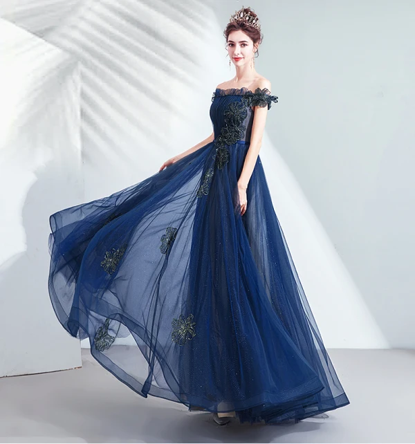 Vintage / Retro Navy Blue Prom Dresses 2020 A-Line / Princess Ruffle Off-The-Shoulder Crystal Glitter Tulle Short Sleeve Backless Floor-Length / Long Formal Dresses