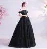 Classy Black Cascading Ruffles Prom Dresses 2020 Ball Gown Ruffle Off-The-Shoulder Rhinestone Lace Flower Sleeveless Backless Floor-Length / Long Formal Dresses