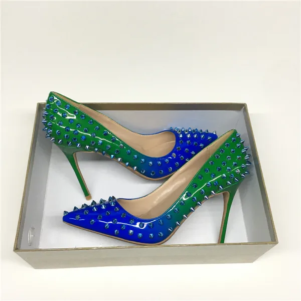 Chic / Beautiful Dark Green Royal Blue Evening Party Pumps 2020 Rivet 10 cm Stiletto Heels Pointed Toe Pumps
