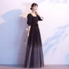 Chic Ciel étoilé Noire Robe De Bal 2020 Princesse Encolure Carrée Étoile Paillettes Noeud 1/2 Manches Dos Nu Longue Robe De Ceremonie