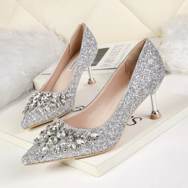 Glitter Goud Avond Pumps 2020 Rhinestone Pailletten 6 cm Naaldhakken / Stiletto Spitse Neus Pumps