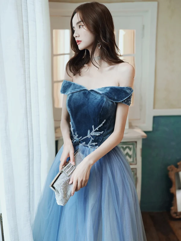 Fashion Ocean Blue Prom Dresses 2020 A-Line / Princess Suede Off-The-Shoulder Beading Lace Flower Sleeveless Backless Floor-Length / Long Formal Dresses