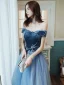 Fashion Ocean Blue Prom Dresses 2020 A-Line / Princess Suede Off-The-Shoulder Beading Lace Flower Sleeveless Backless Floor-Length / Long Formal Dresses