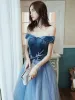 Moda Océano Azul Vestidos de gala 2020 A-Line / Princess Suede Fuera Del Hombro Rebordear Con Encaje Flor Sin Mangas Sin Espalda Largos Vestidos Formales