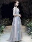 Elegante Azul Cielo Vestidos de noche 2020 A-Line / Princess Scoop Escote Perla Con Encaje Flor Apliques 3/4 Ærmer Sin Espalda Colas De Barrido Vestidos Formales