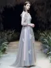Classy Sky Blue Evening Dresses  2020 A-Line / Princess Scoop Neck Pearl Lace Flower Appliques 3/4 Sleeve Backless Sweep Train Formal Dresses