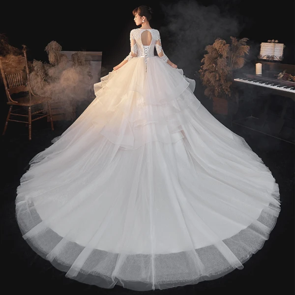 Fashion Elegant White Lace Flower Cascading Ruffles Wedding Dresses 2021 A-Line / Princess Deep V-Neck Bow 3/4 Sleeve Backless Royal Train Wedding