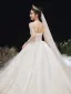 High End Ivory / Creme Brautkleider / Hochzeitskleider 2020 Ballkleid Rundhalsausschnitt Perlenstickerei Kristall Pailletten Spitze Blumen 3/4 Ärmel Rückenfreies Kathedrale Schleppe