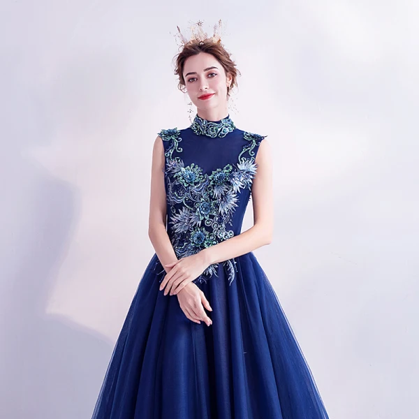 Vintage / Retro Royal Blue Prom Dresses 2020 A-Line / Princess High Neck Sequins Rhinestone Lace Flower Sleeveless Backless Floor-Length / Long Formal Dresses