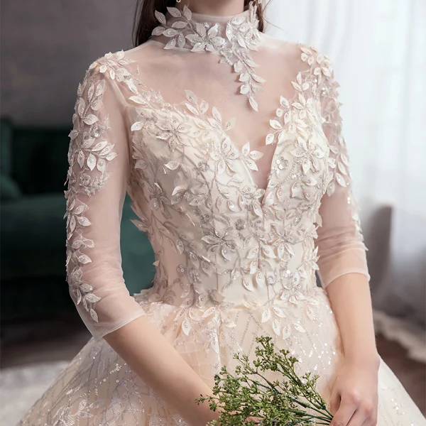 Elegant High-end Champagne Wedding Dresses 2020 Ball Gown High Neck Beading Sequins Appliques 3/4 Sleeve Backless Royal Train
