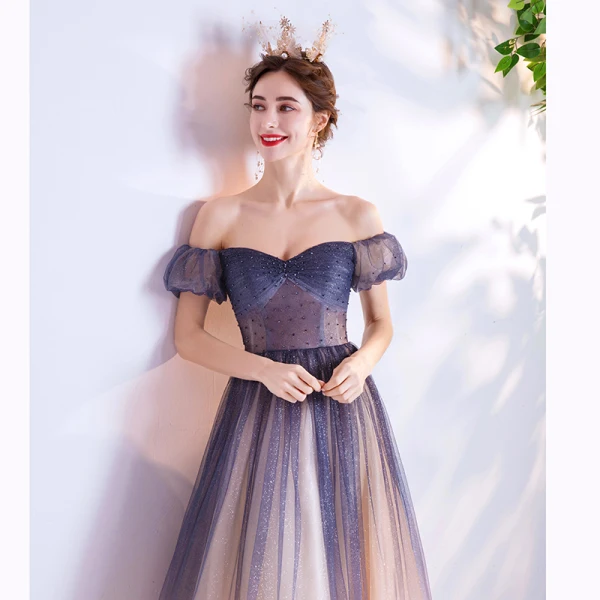 Charming Navy Blue Gradient-Color Prom Dresses 2020 A-Line / Princess Off-The-Shoulder Crystal Glitter Tulle Short Sleeve Backless Formal Dresses