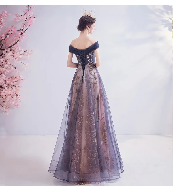 Edles Marineblau Ballkleider 2020 A Linie Off Shoulder Glanz Perlenstickerei Strass Pailletten Applikationen Ärmellos Rückenfreies Lange Festliche Kleider