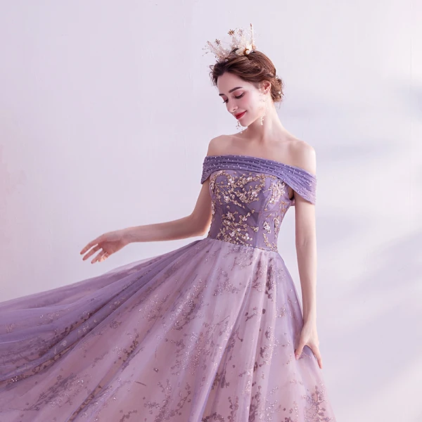 Charming Purple Prom Dresses 2020 A-Line / Princess Off-The-Shoulder Glitter Beading Pearl Rhinestone Sequins Sleeveless Backless Court Train Formal Dresses