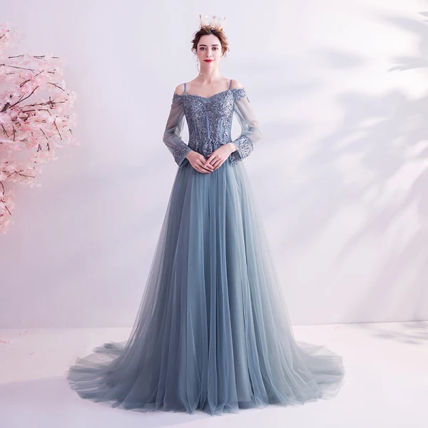 Classy Pool Blue Prom Dresses 2020 A-Line / Princess Spaghetti Straps Sequins Lace Flower Long Sleeve Backless Court Train Formal Dresses