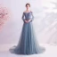 Classy Pool Blue Prom Dresses 2020 A-Line / Princess Spaghetti Straps Sequins Lace Flower Long Sleeve Backless Court Train Formal Dresses