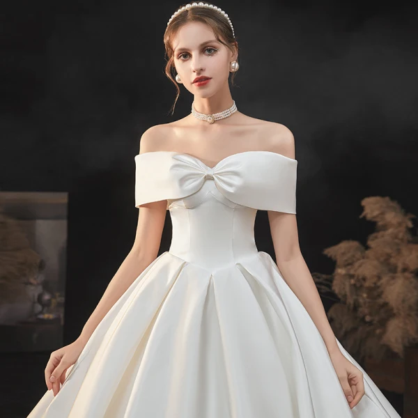 Modest / Simple Elegant Ivory Satin Wedding Dresses 2021 Ball Gown Off-The-Shoulder Bow Short Sleeve Backless Cathedral Train Wedding