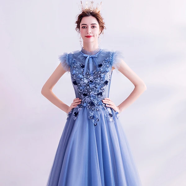 Vintage / Retro Ocean Blue Prom Dresses 2020 A-Line / Princess High Neck Bow Lace Flower Appliques Sleeveless Backless Floor-Length / Long Formal Dresses