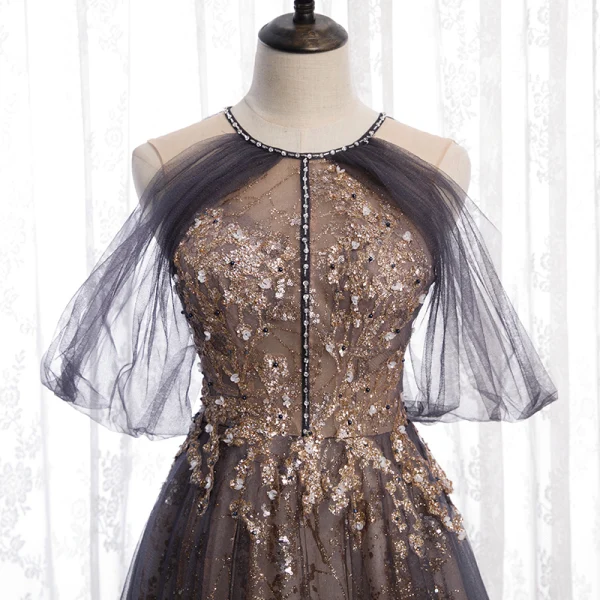 Charming Black Gold Glitter Prom Dresses 2020 A-Line / Princess Scoop Neck Beading Crystal Sequins Sleeveless Backless Floor-Length / Long Formal Dresses