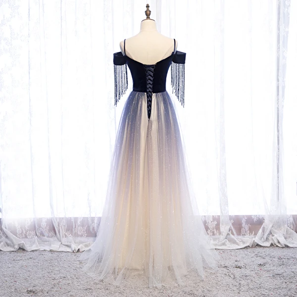 Charmant Bleu Marine Dégradé De Couleur Glitter Robe De Soirée 2020 Princesse Daim Bretelles Spaghetti Perlage Gland Manches Courtes Dos Nu Longue Robe De Ceremonie