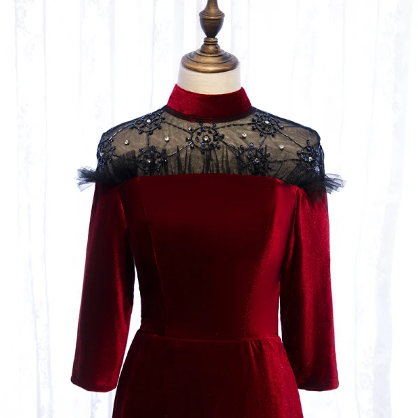 Elegant Burgundy Evening Dresses 2020 A-Line / Princess Suede High Neck Beading Rhinestone 3/4 Sleeve Floor-Length / Long Formal Dresses