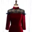 Elegant Burgundy Evening Dresses  2020 A-Line / Princess Suede High Neck Beading Rhinestone 3/4 Sleeve Floor-Length / Long Formal Dresses