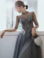 Charmant Gris Robe De Soirée 2020 Princesse Glitter Tulle Col Haut Perlage Faux Diamant 1/2 Manches Dos Nu Longue Robe De Ceremonie