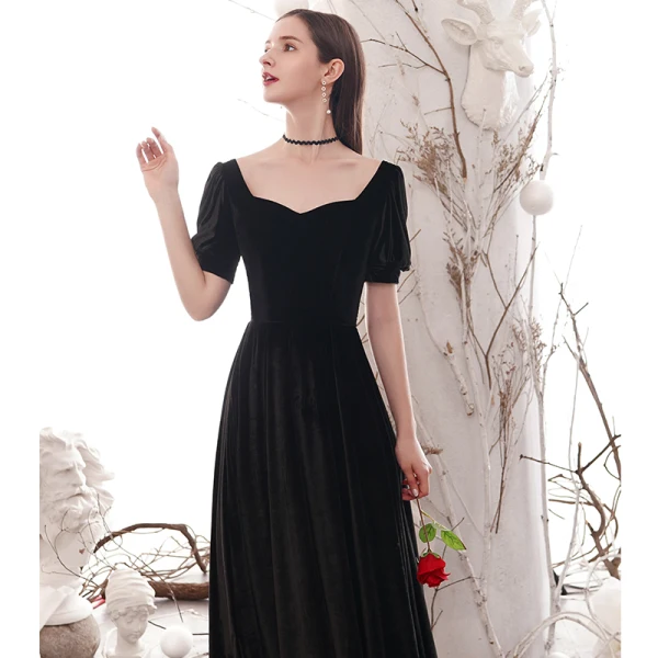 Modest / Simple Black Homecoming Graduation Dresses 2020 A-Line / Princess Square Neckline Short Sleeve Backless Tea-length Formal Dresses Modest / Simple Black Homecoming Graduation Dresses 2020 A-Line / Princess Square Neckline Short Sleeve Backless Tea-length Formal Dresses