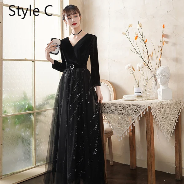Abordable Noire Robe De Soirée 2020 Princesse Daim Ceinture Paillettes Manches Courtes Dos Nu Longue Robe De Ceremonie