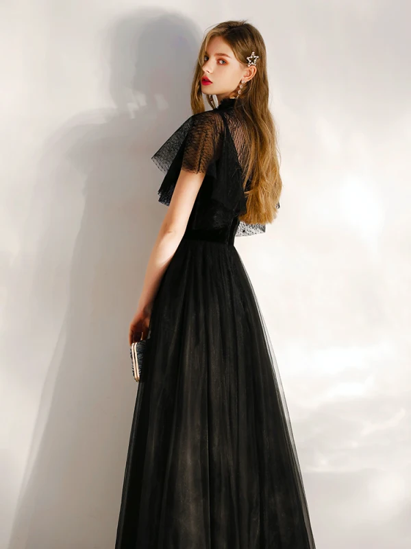 Chic / Beautiful Black Evening Dresses 2020 A-Line / Princess Suede High Neck Short Sleeve Floor-Length / Long Formal Dresses Chic / Beautiful Black Evening Dresses 2020 A-Line / Princess Suede High Neck Short Sleeve Floor-Length / Long Formal Dresses
