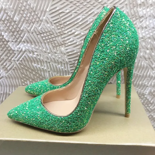 Sparkly Green Evening Party Pumps 2020 Sequins 12 cm Stiletto Heels Pointed Toe Pumps