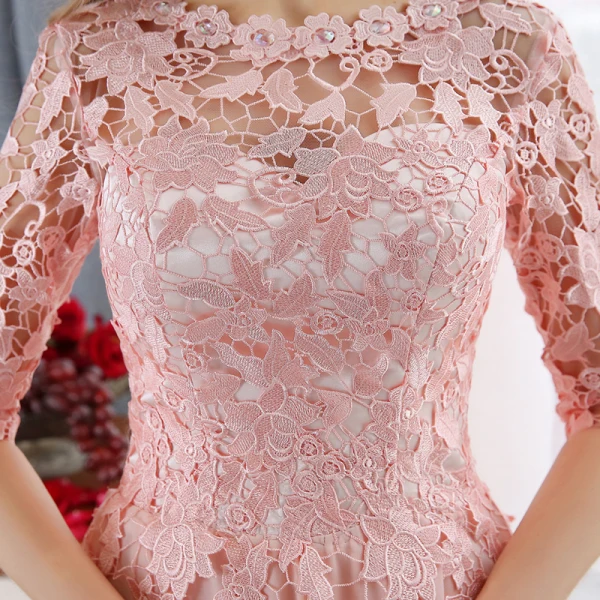 Affordable Pearl Pink Evening Dresses  2018 A-Line / Princess Lace Appliques Crystal Scoop Neck 3/4 Sleeve Floor-Length / Long Formal Dresses