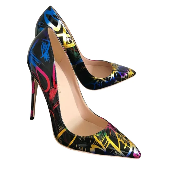 Amazing / Unique Black Doodle Rave Club Pumps 2020 Patent Leather 12 cm Stiletto Heels Pointed Toe Pumps