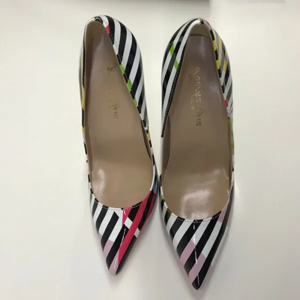 Mode Schwarz Weiß Gestreift Freizeit Pumps 2020 Lackleder 12 cm Stilettos Spitzschuh Pumps