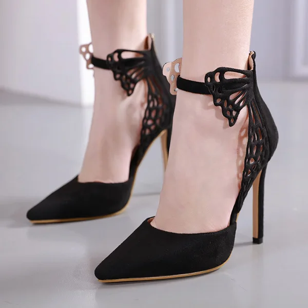 Hermoso Negro Noche Sandalias De Mujer 2020 mariposa Correa Del Tobillo 11 cm Stilettos / Tacones De Aguja Punta Estrecha High Heels