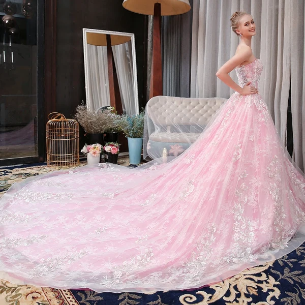 Chic / Belle Rose Bonbon Robe De Mariée 2018 Princesse En Dentelle Appliques Perlage Paillettes Amoureux Dos Nu Sans Manches Cathedral Train Mariage