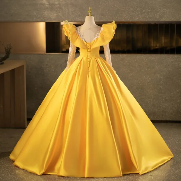 Vintage / Retro Yellow Beading Sequins Prom Dresses 2025 Ball Gown Scoop Neck Long Sleeve Backless Floor-Length / Long Formal Dresses