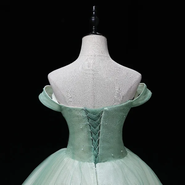 Elegant Sage Green Sequins Prom Dresses 2022 Ball Gown Off-The-Shoulder Sleeveless Rhinestone Butterfly Beading Backless Pearl Floor-Length / Long Formal Dresses