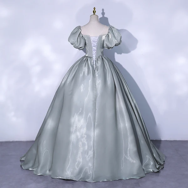 Chic Gris Vert Robe De Bal 2021 Robe Boule Encolure Dégagée Gonflée Manches Courtes Dos Nu Longue Robe De Ceremonie